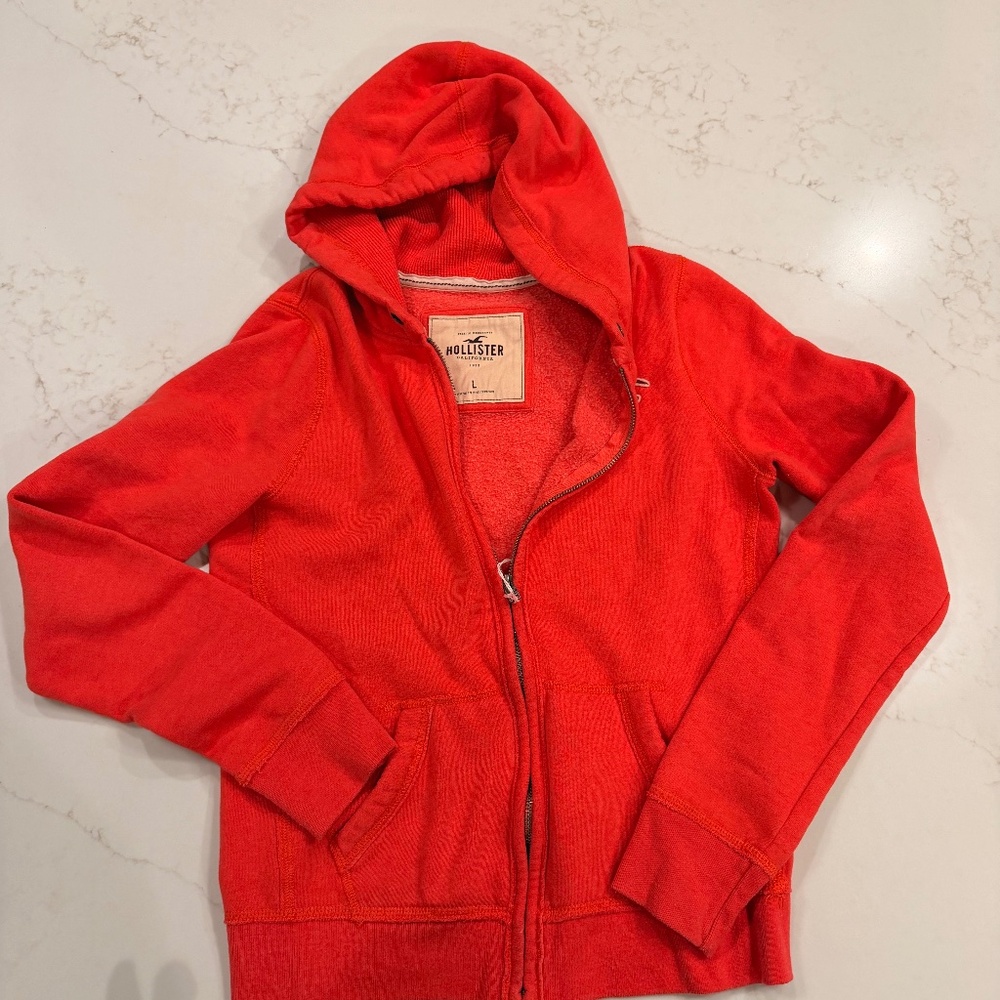 Y2K Hollister Neon Coral Zip Up Hoodie Oversized Cozy Girl Large